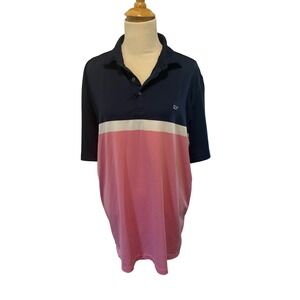 Vineyard Vines Performance Polo Shirt Mens XL‎ Navy Blue Pink Stripe Golf